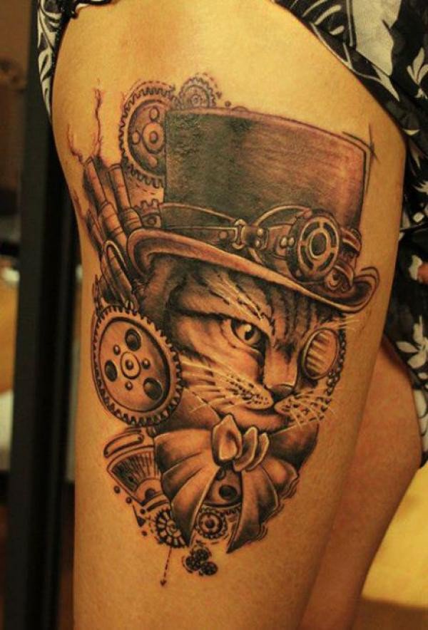 Steampunk Cat Head Tattoo On Thigh