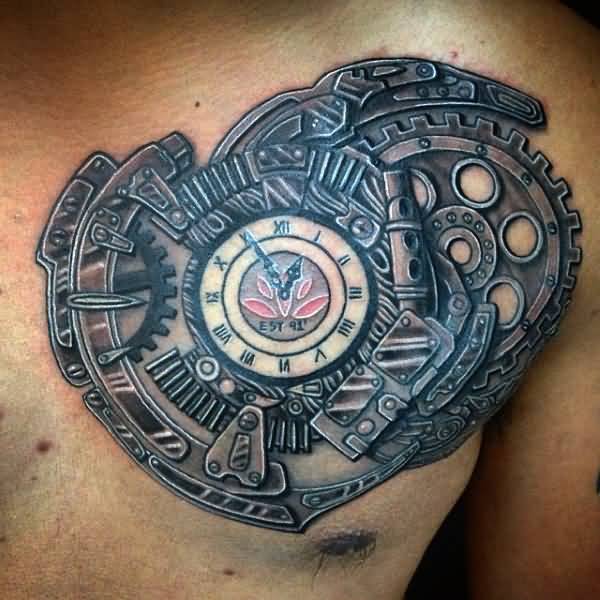 Steampunk Clock Tattoo On Man Chest