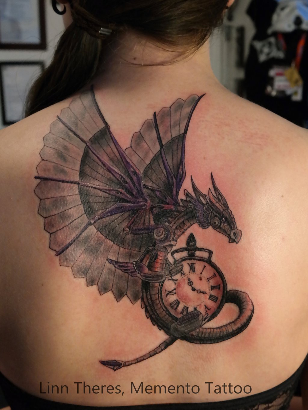 Steampunk Dragon With Clock Tattoo On Upper Back