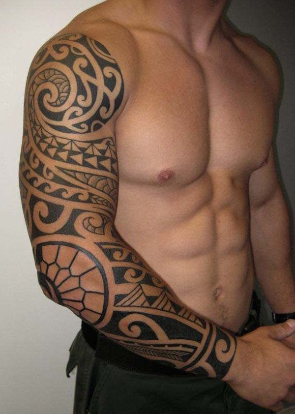 Stunning Tribal Design Tattoo On Full Sleeve