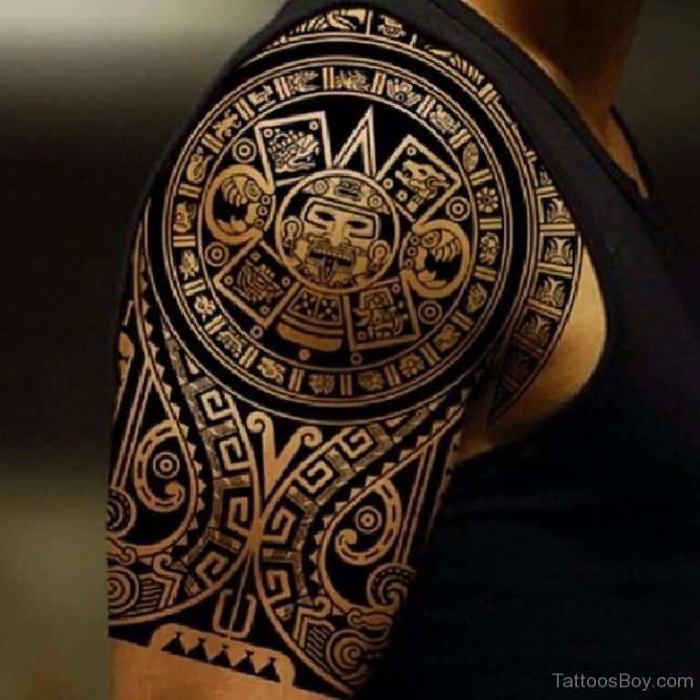 Stylish Aztec Tribal Tattoo On Right Shoulder