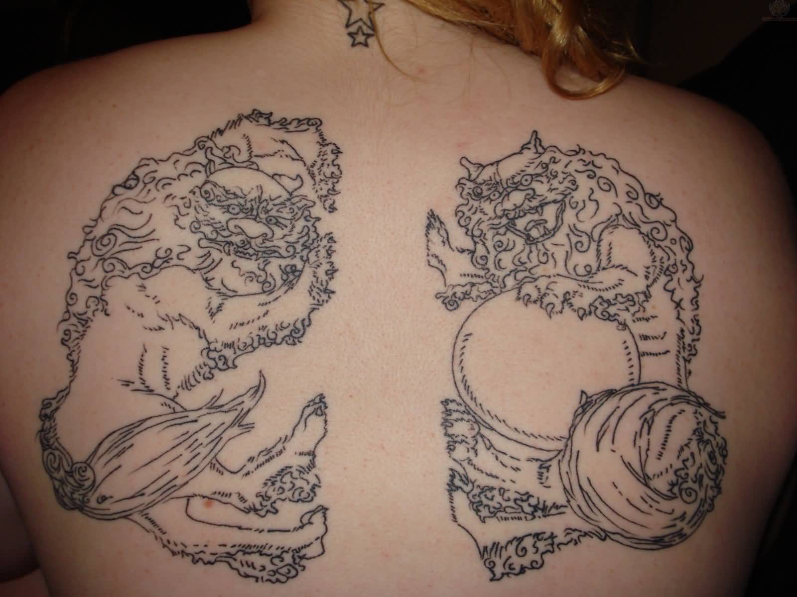 Stylish Colorless Foo Dogs Tattoo On Upper Back