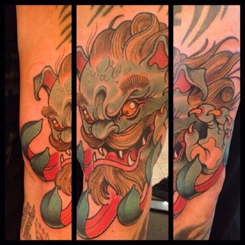 Superb Angry Foo Dog Colorful Tattoo