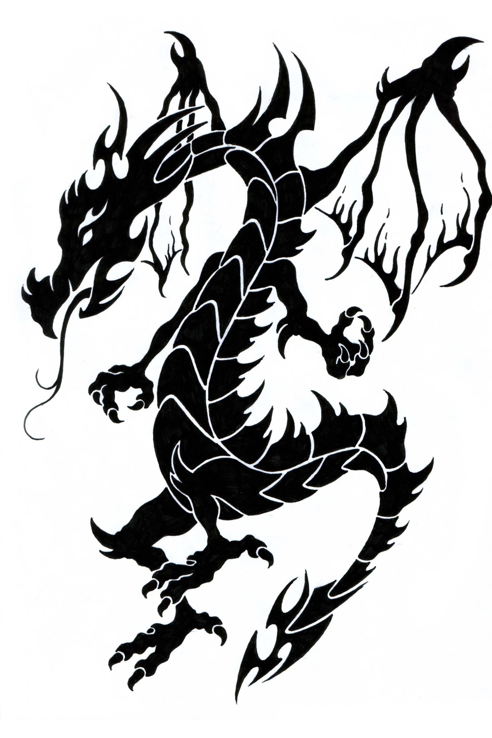 Superb Black Ink Tribal Dragon Tattoo Design