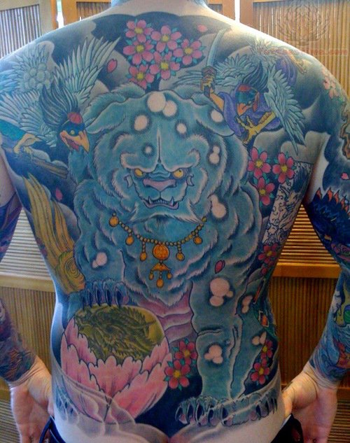 Superb Colorful Foo Dog With Birds And Flowers Tattoo On Full Back And Sleeves
