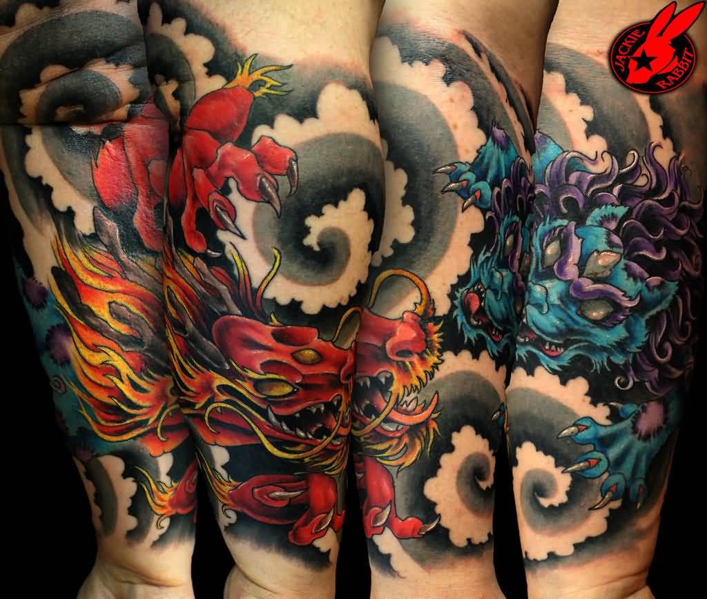 Superb Dragon With Foo Dog Colorful Tattoo On Arm Sleeve By Jackie Rabbit