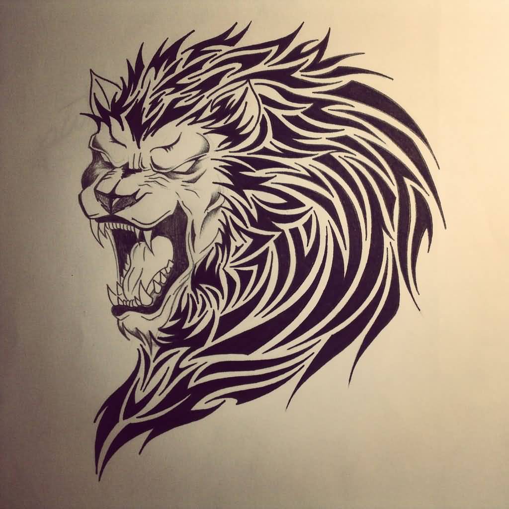 Superb Roaring Tribal Lion Head Tattoo Design