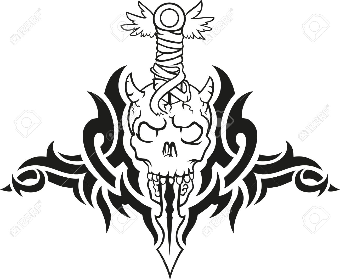 Superb Sword Ripped Skull With Tribal Design Tattoo Sample