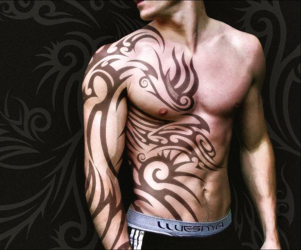 Superb Tribal Design Tattoo On Right Sleeve And Body