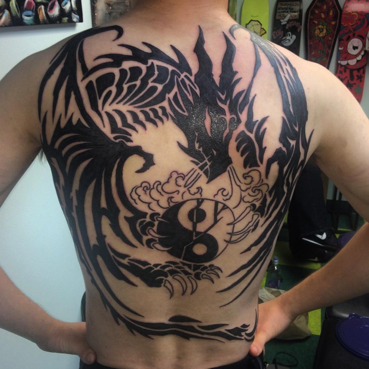 Superb Tribal Dragon With Yin Yang Tattoo On Full Back