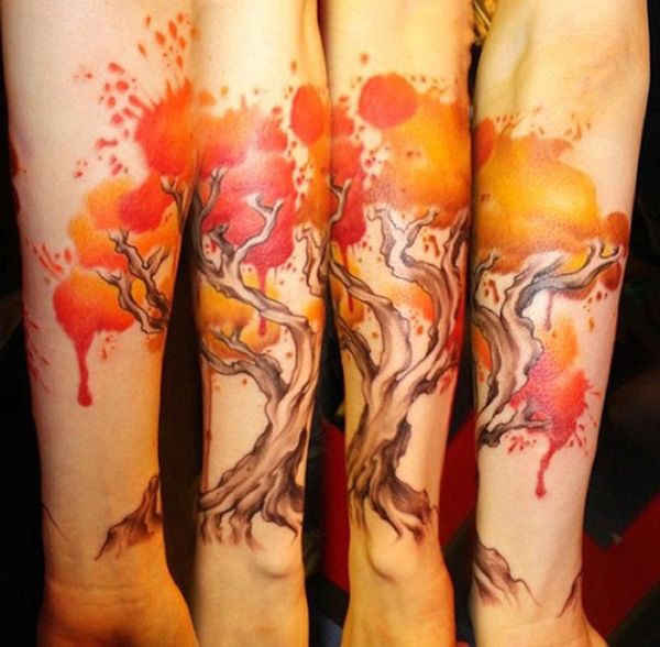 Superb Watercolor Fall Tattoo On Forearm