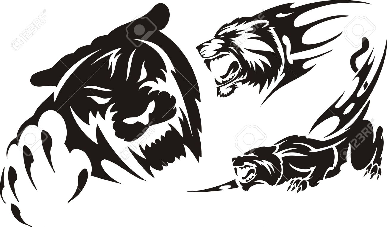 Terrific Angry Tribal Panther And Lioness Tattoo Stencils Set