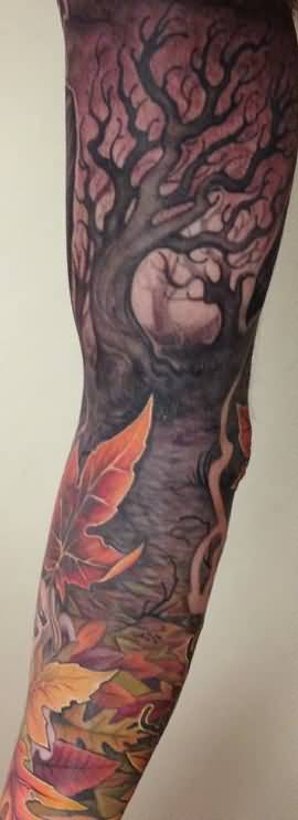 Terrific Leaves With Tree Fall Tattoo On Right Full Sleeve