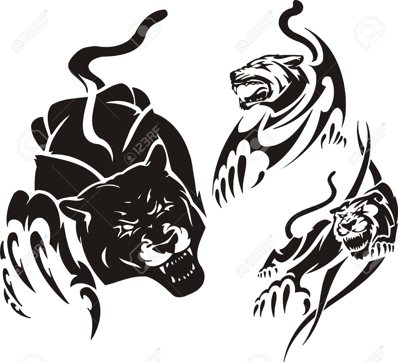 Terrific Tribal Panther And Two Lions Tattoo Samples Set