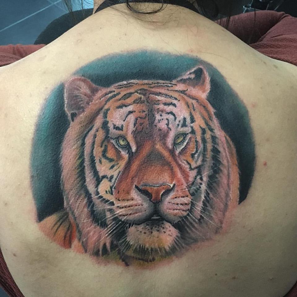 Tiger Head Tattoo On Upper Back by Luis K Osoio