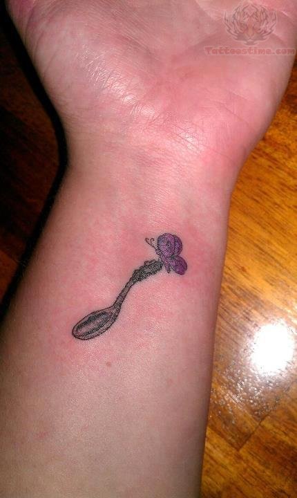 Tiny Butterfly On Spoon Tattoo On Wrist