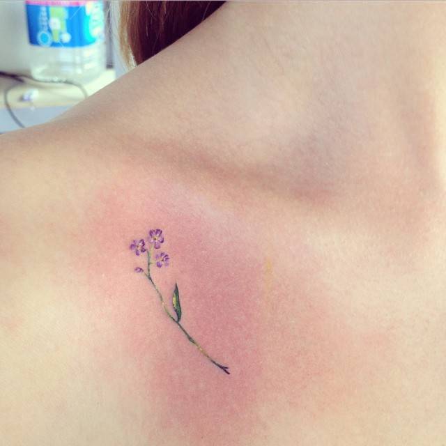 Tiny Purple Flowers Clavicle Tattoo