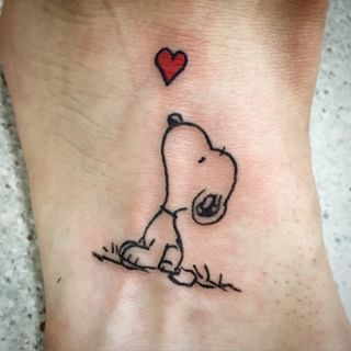 Tiny Red Heart And Outline Snoopy Tattoo On Foot