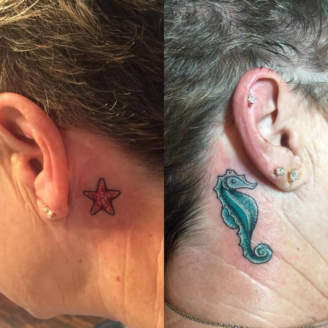 Tiny Starfish And Seahorse Tattoo On Behind Ear