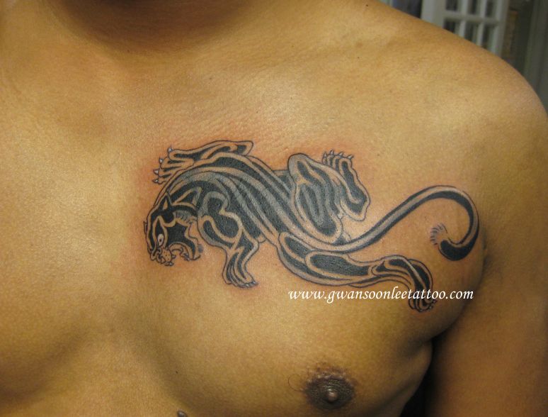 Tiny Tribal Angry Panther Tattoo On Left Chest For Men