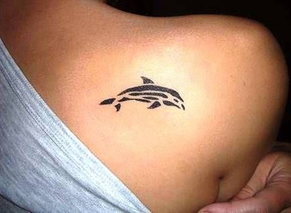 Tiny Tribal Whale Tattoo On Right Back Shoulder For Women