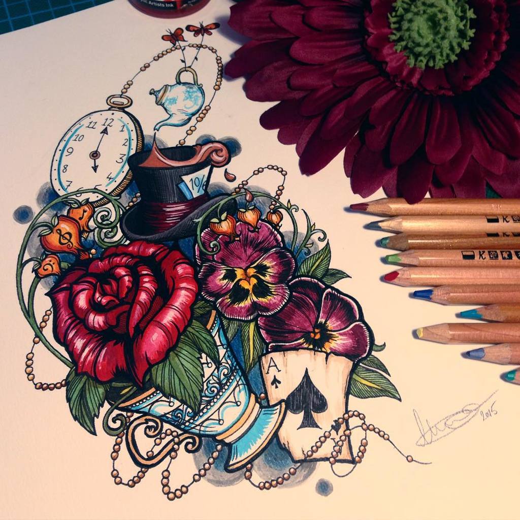 Traditional Alice in Wonderland Tattoo Design