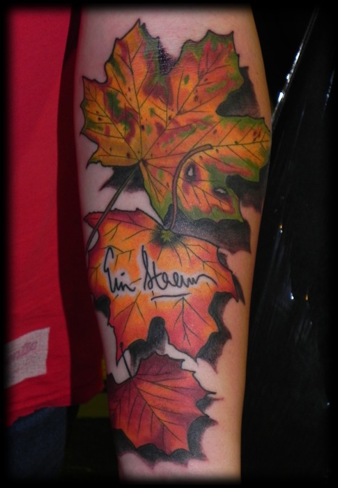 Traditional Colored Fall Leaf Tattoos On Left Forearm