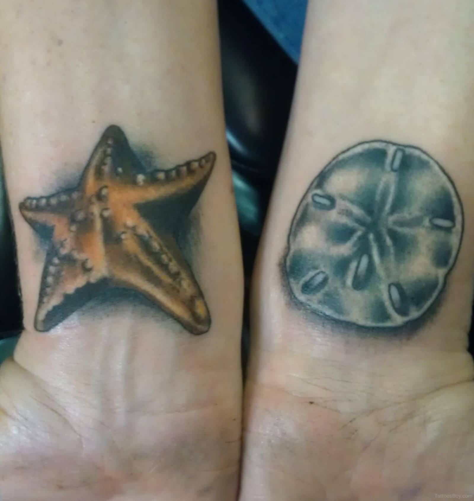 Traditional Starfish And Sand Dollar Tattoo On Wrist