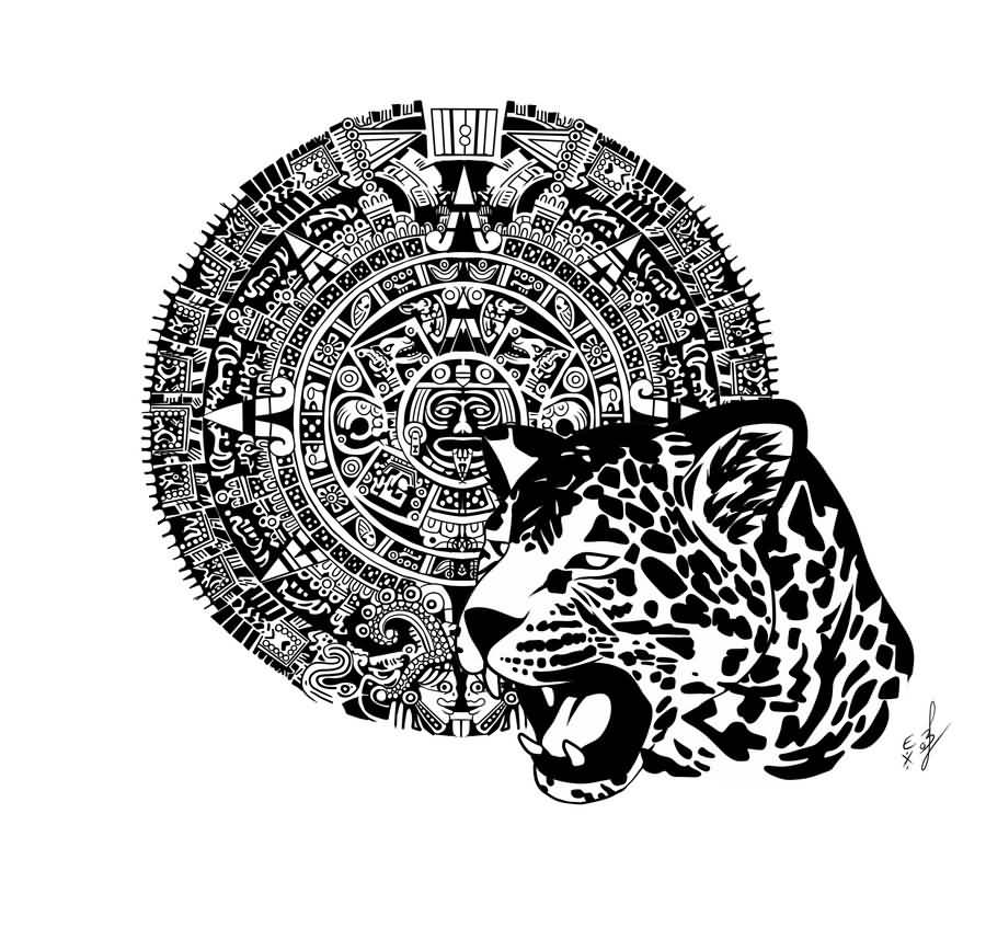 Tribal Angry Jaguar Face With Aztec Design Tattoo Sample