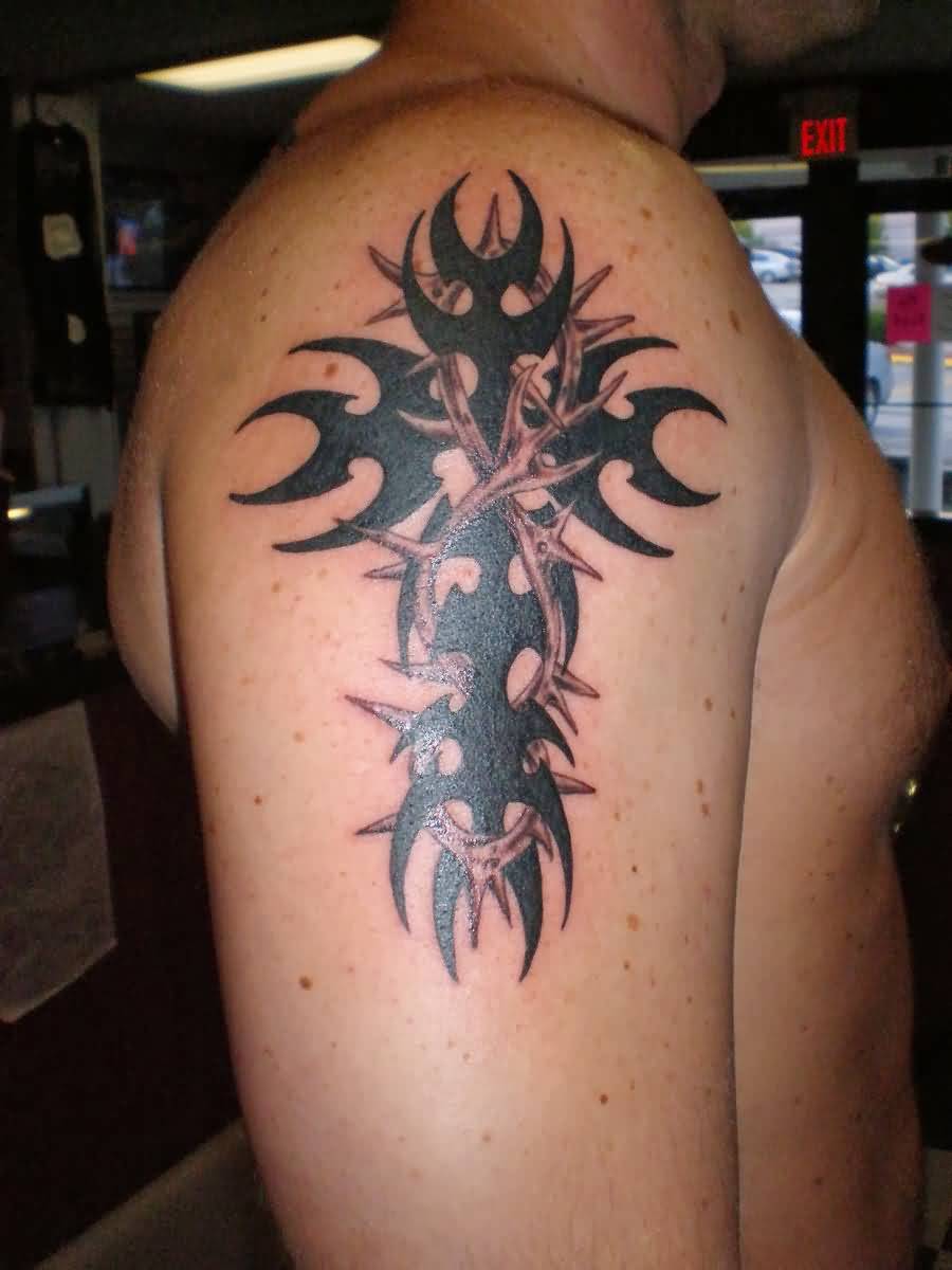 Tribal Cross And Thorn Wire Catholic Tattoo On Right Shoulder