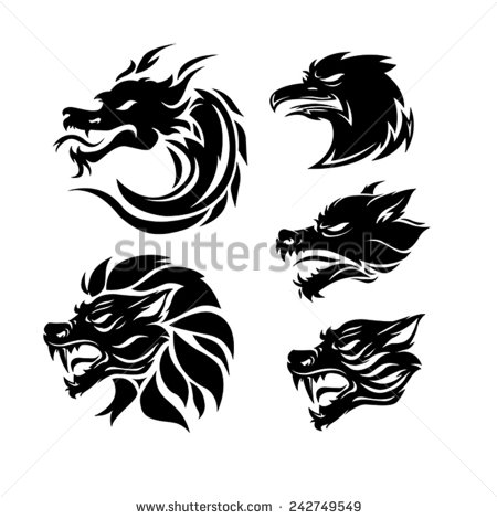 Tribal Dragon With Bird And Animals Tattoos Design Set