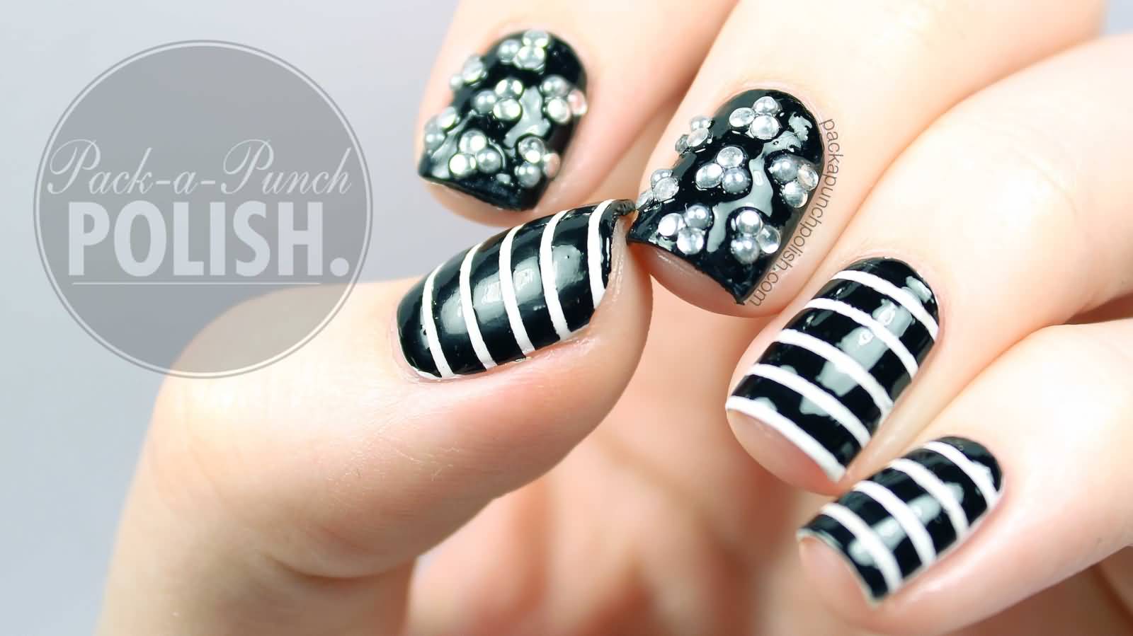 Triplet Studs With Black And White Stripes Nail Art