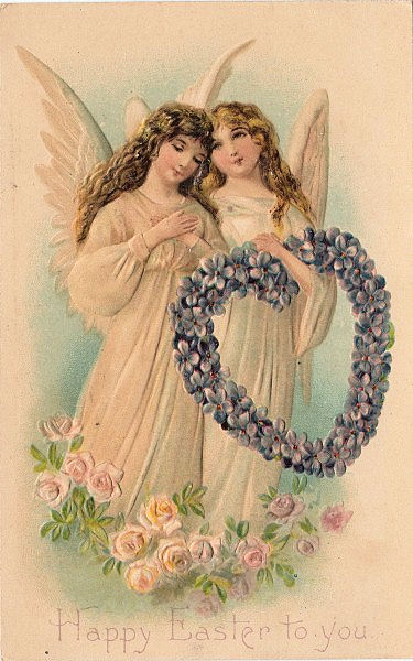 Two Beautiful Angels With Heart Garland Wishing You Happy Easter Picture