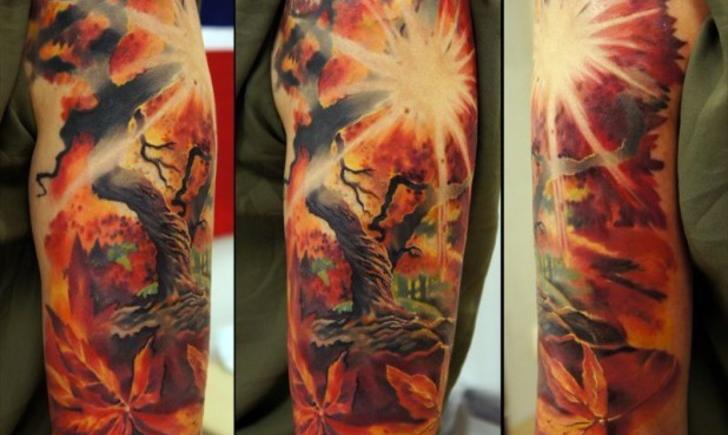 Unbelievable Colorful Tree With Sun Fall Tattoo