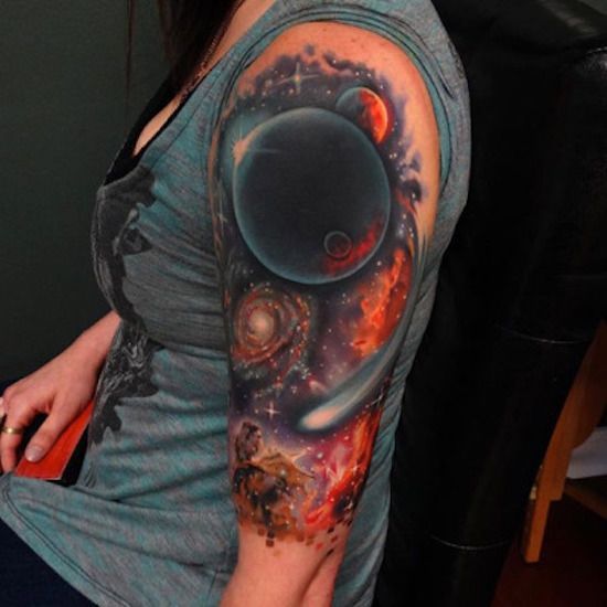 Universe Tattoo On Girl Left Half Sleeve