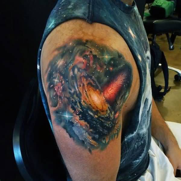 Universe Tattoo On Man Right Shoulder