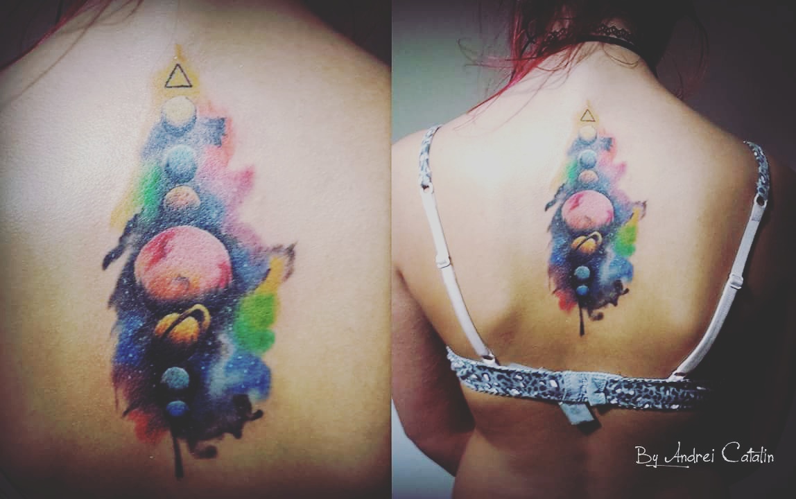 Universe Tattoos On Girl Upper Back