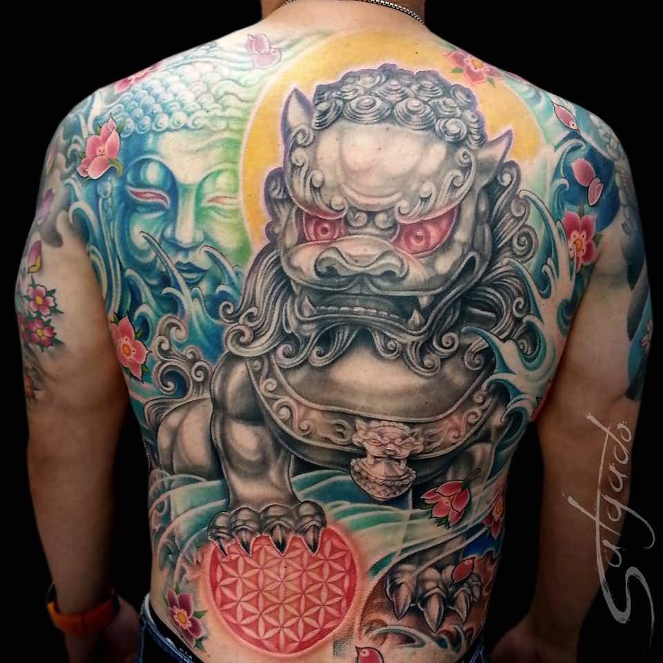 Very Impressive Colorful Foo Dog With Buddha And Flowers Tattoo On Full Back By Juan Salgado