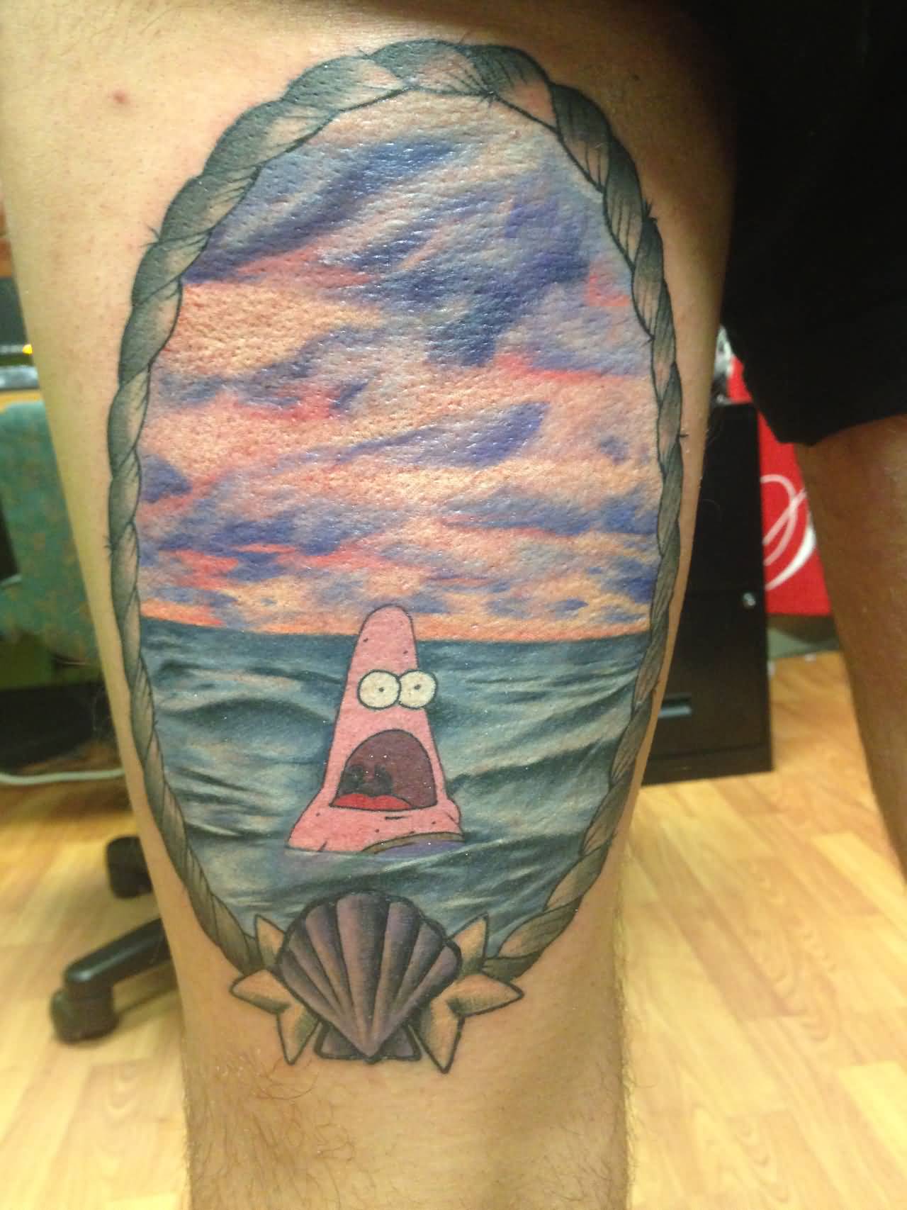 Very Nice Patrick Starfish With Water In Frame Tattoo On Thigh By Randi Polillo