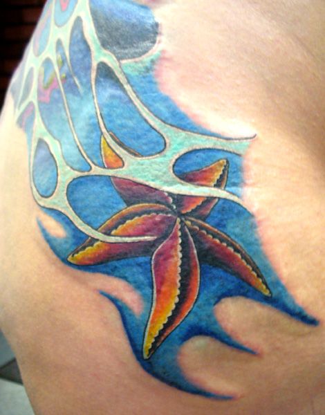Very Nice Starfish With Blue Background Tattoo