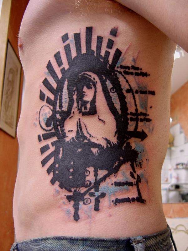 Virgin Mary Catholic Tattoo On Man Side Rib