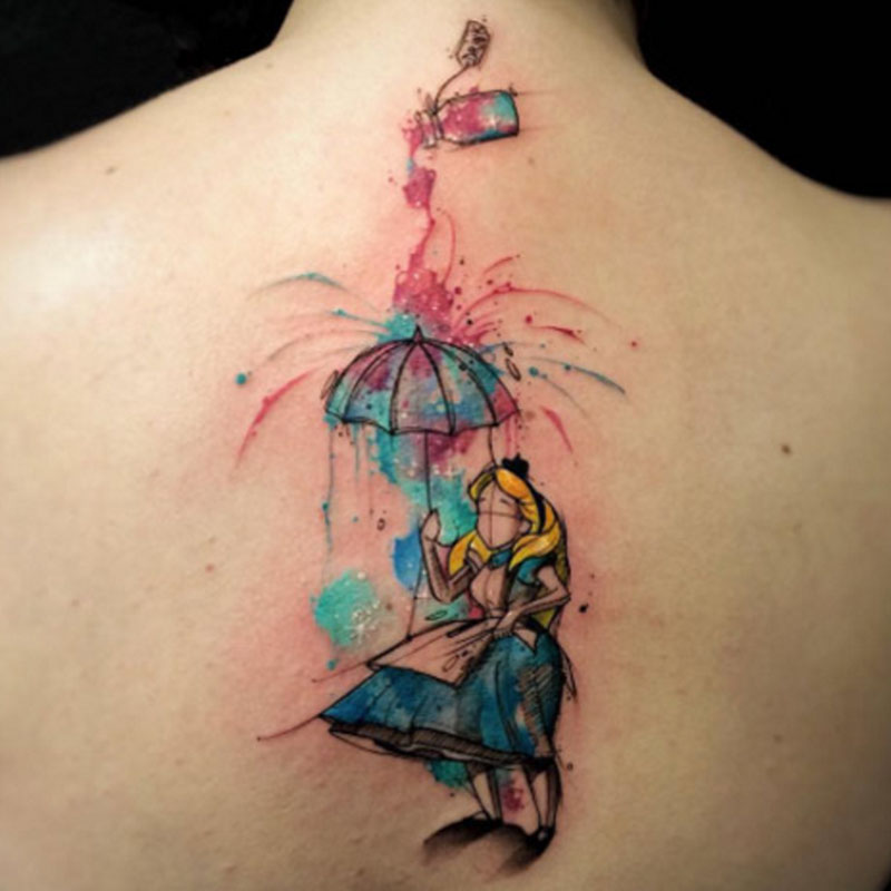 Watercolor Alice in Wonderland Tattoo On Upper Back