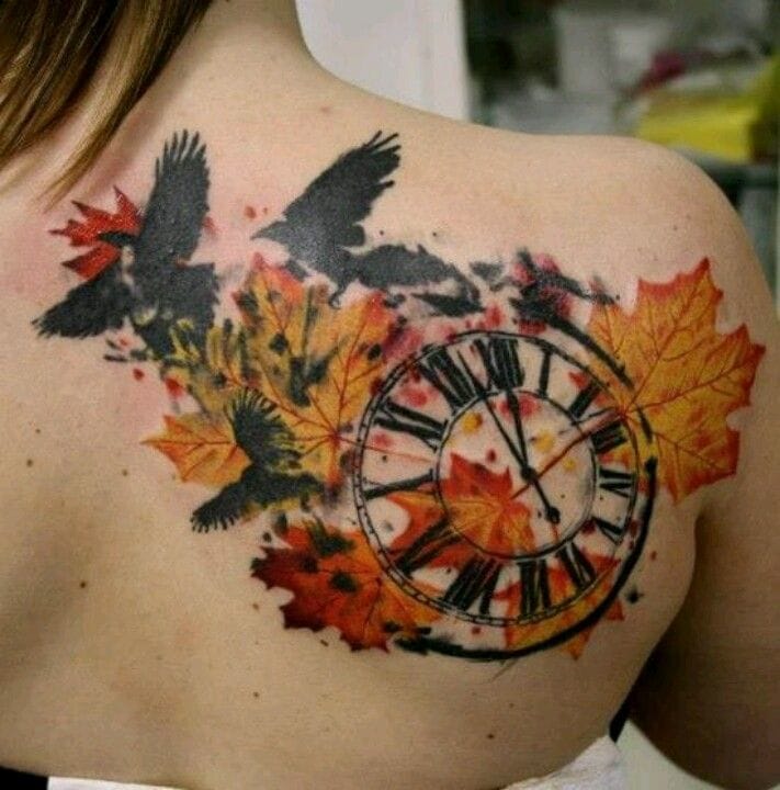 Watercolor Clock In Fall Leaves Tattoo on Back Shoulder by Timur Lysenko