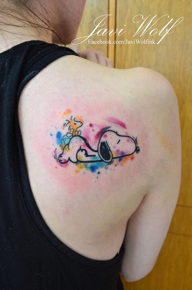 Watercolor Snoopy Tattoo On Right Back Shoulder