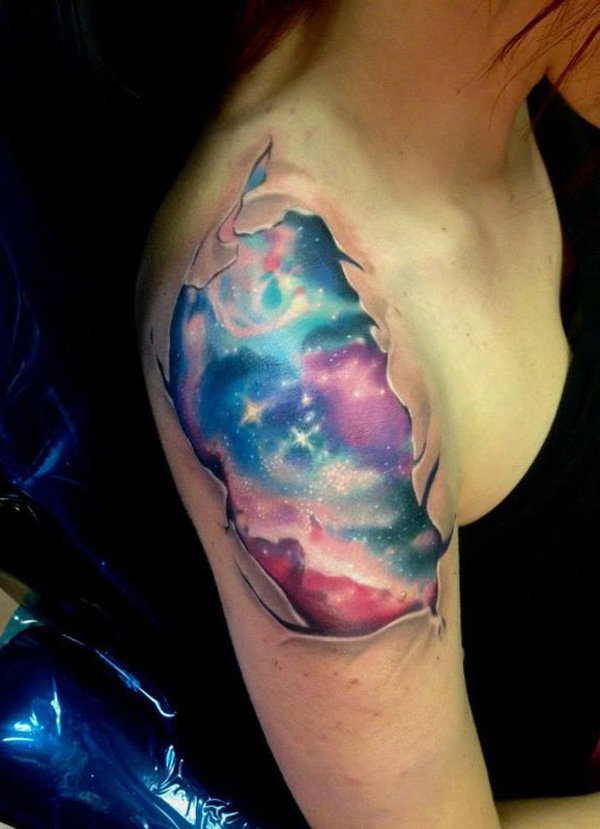 Watercolor Space Tattoo On Right Shoulder
