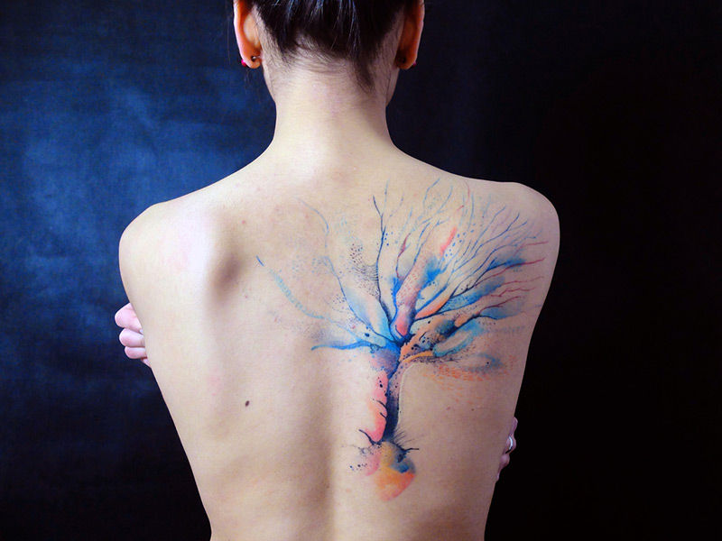 Watercolor Tree Artistic On Back Shoulder