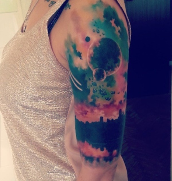 Watercolor Universe Tattoo On Girl Left Half Sleeve