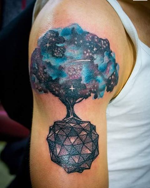 Watercolor Universe Tattoo On Right Half Sleeve