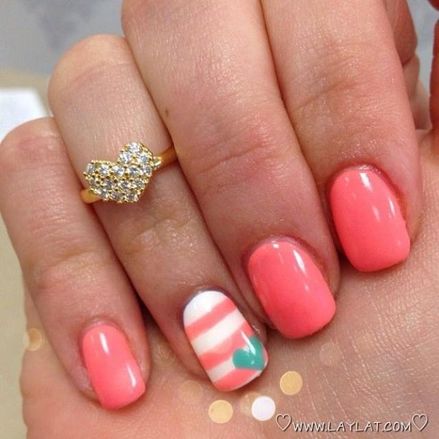 White Accent Nails With Pink Stripes Nail Art With Blue Heart Design