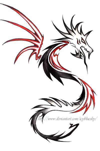 White And Black Tribal Dragon Having Red Wings Tattoo Design
